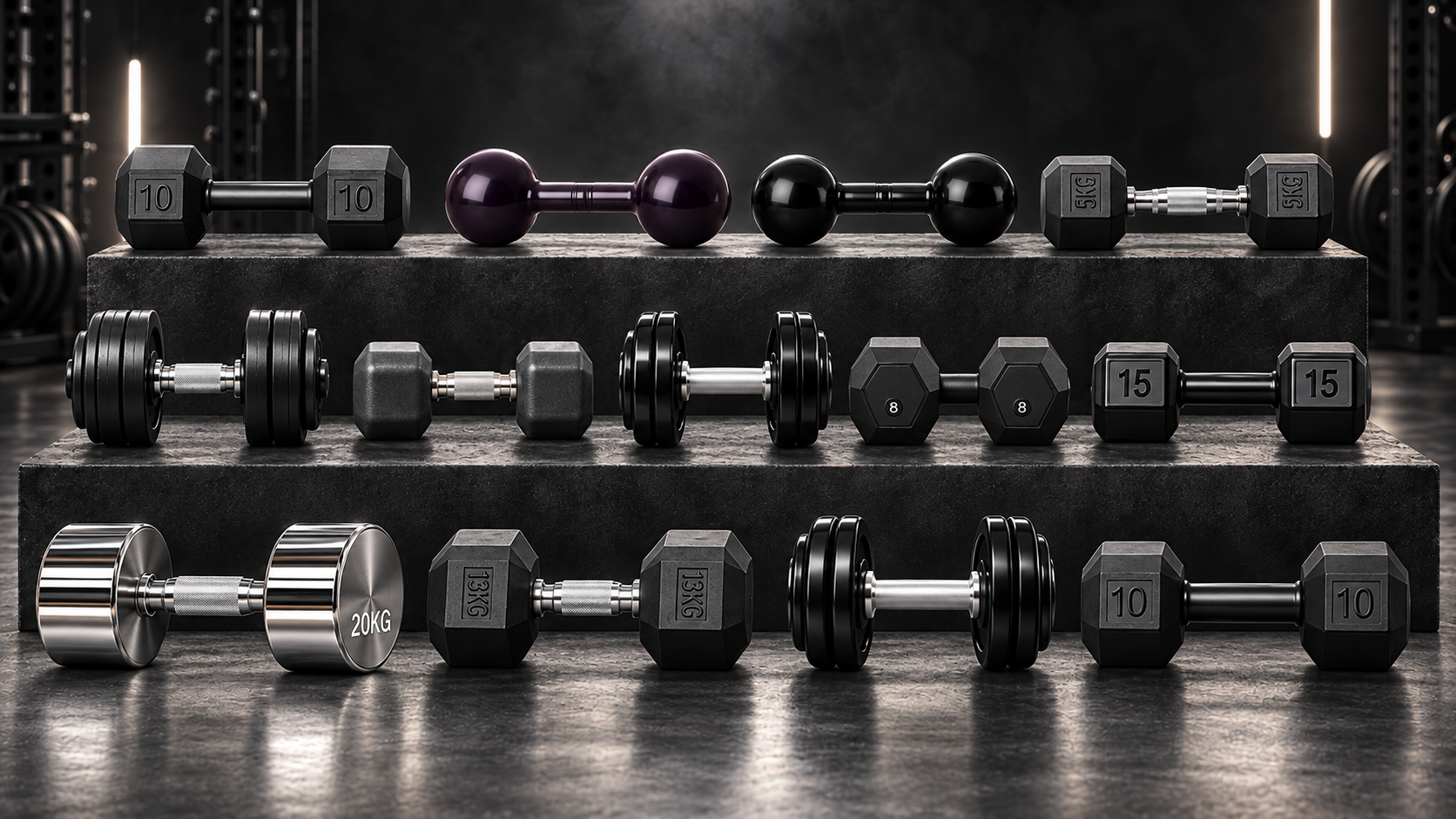 Linha profissional de halteres e dumbbells Real Force Fitness em composição premium